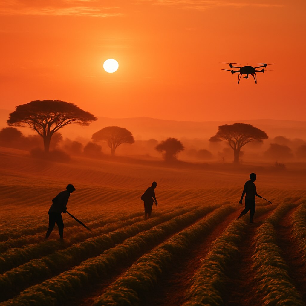 African farm at sunset with farmers and a drone, embodying agricultural technology.